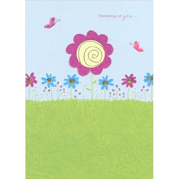 Designer Greetings Pink Flower with Gold Foil Swirls Inside Die Cut Window Tri-Fold Thinking of You Card