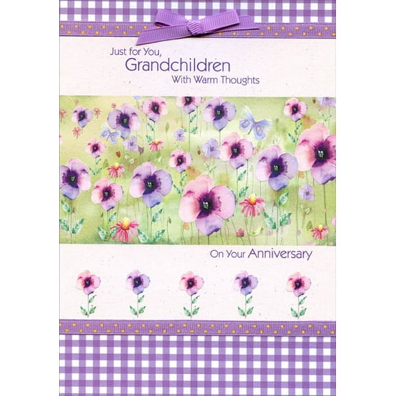Designer Greetings Pink and Purple Flowers, Purple Checkerboard and Purple Bow Hand Decorated Wedding Anniversary Congratulations Card for Grandchildren