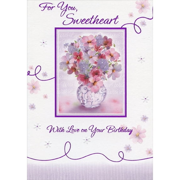 Designer Greetings Pink, Red Flowers in Vase Watercolor with Foil Frame Sweetheart Birthday Card