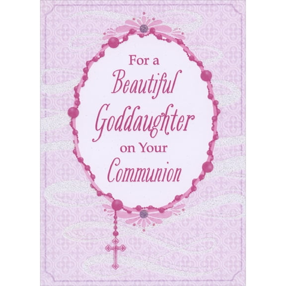 Designer Greetings Pink Rosary Wrapped Around Oval Frame on Light Purple and Sparkling White Swirls 1st / First Communion Congratulations Card for Goddaughter