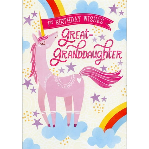 Designer Greetings Pink Unicorn, Rainbows and Blue Clouds Juvenile 1st / First Birthday Card for Great-Granddaughter