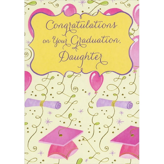 Designer Greetings Pink and Purple Diplomas, Caps, Balloons and Gold Streamers Graduation Congratulations Card for Daughter