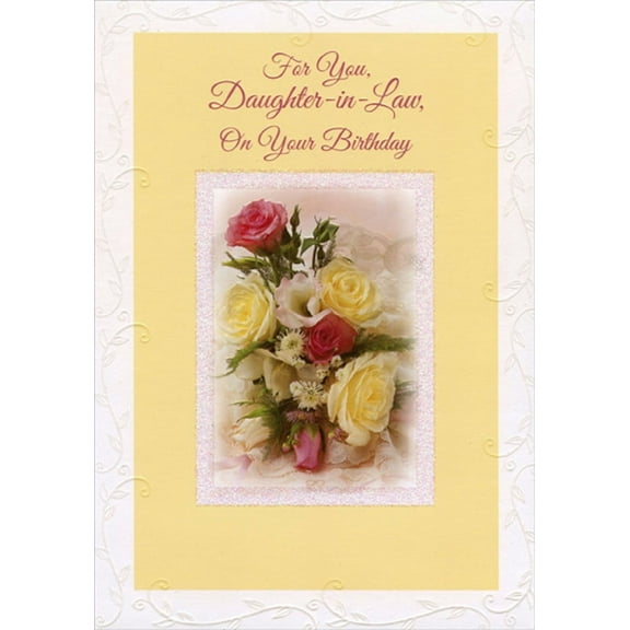 Designer Greetings Pink and Yellow Roses with Glitter Frame on Yellow Birthday Card for Daughter-in-Law