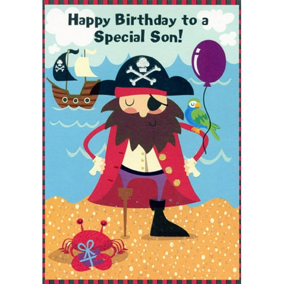 Designer Greetings Pirate with Parrot and Purple Balloon Juvenile Birthday Card for Son