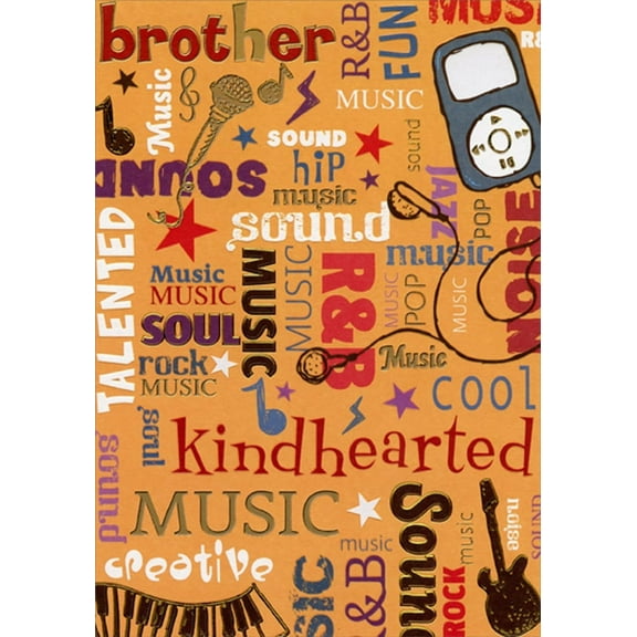 Designer Greetings Portable Music Player and Ear Buds: Music Themed Words Birthday Card for Brother