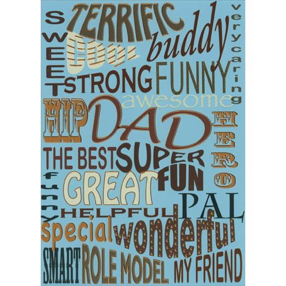 Designer Greetings Positive Words on Blue: Terrific, Cool, Buddy, Strong Father's Day Card for Dad