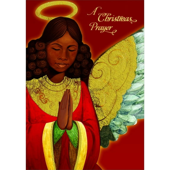 Designer Greetings Praying Angel with Gold Foil Wings and Halo: African American Box of 15 Christmas Cards