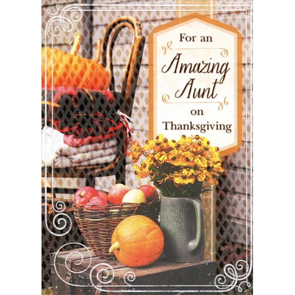 Designer Greetings Pumpkin, Pitcher of Flowers and Basket of Apples on Wooden Chest Thanksgiving Card for Aunt