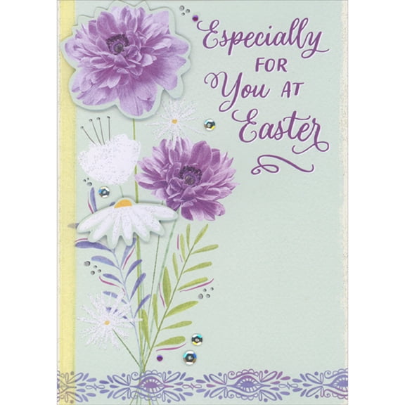 Designer Greetings Purple 3D Flower, White Die Cut 3D Flower, Sequins and Yellow Ribbon Especially for You Hand Decorated Easter Card