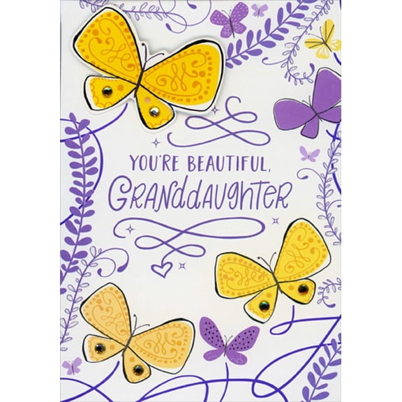 Designer Greetings Purple Butterflies, 3D Tip On Yellow Butterfly, Orange Gems Hand Decorated Premier Collection Easter Card for Granddaughter