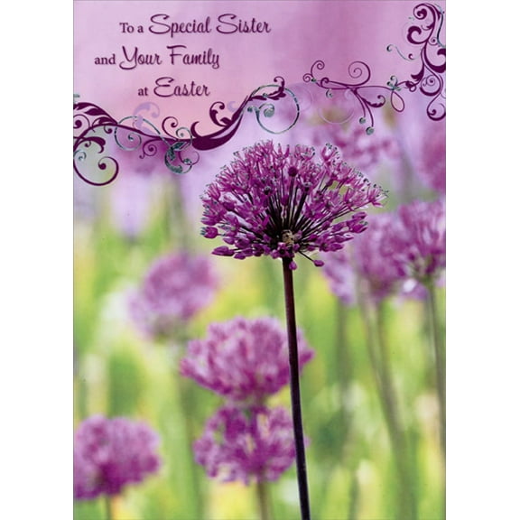 Designer Greetings Purple Flower Closeup Photo : Swirling Silver Foil and Purple Vines Sister and Family Easter Card