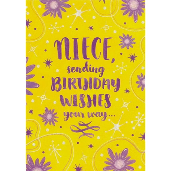 Designer Greetings Purple Flowers and Glitter Bursts on Yellow Birthday Card for Teen : Teenage Niece