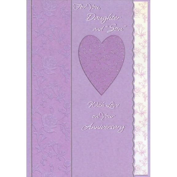 Designer Greetings Purple Heart with Swirling Glitter and Floral Vertical Panel Short Fold Scalloped Edge Anniversary Congratulations Card for Daughter and Son-in-Law