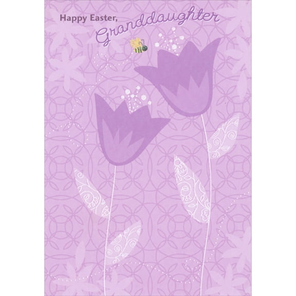 Designer Greetings Purple Tulips with White Glitter Leaves and Small Bumblebee Easter Card for Granddaughter