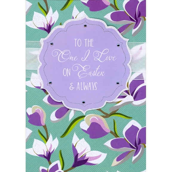 Designer Greetings Purple and White Flowers on Teal, 3D Tip On Banner, White Ribbon, Gems Hand Decorated One I Love Easter Card for Husband, Wife, Boyfriend, Girlfriend