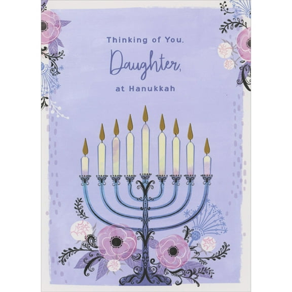 Designer Greetings Purple and Blue Menorah, Pink Flowers and Black Vines on Light Purple Hanukkah Card for Daughter