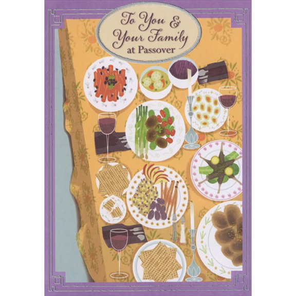 Designer Greetings Purple and Silver Lined Border Around Seder Meal on Yellow Table Cloth Passover Card for You and Your Family