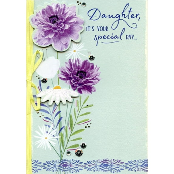 Designer Greetings Purple and White Flower 3D Tip On with Yellow Bow Hand Decorated Designer Boutique Keepsake Birthday Card for Daughter