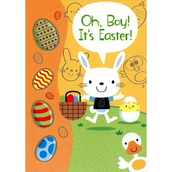 Designer Greetings Rabbit Wearing Blue and Black Shirt Holding Basket of Eggs Juvenile Easter Card for Boy with Fun Stickers