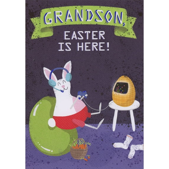 Designer Greetings Rabbit Wearing Headphones While Playing Egg Shaped Video Game Juvenile Easter Card for Young Grandson