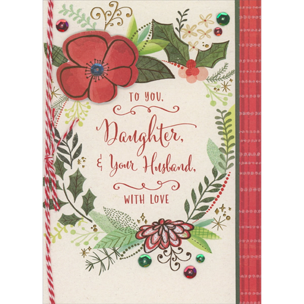 Designer Greetings Red 3D Die-Cut Flower, Sequins, Red and White String and Wreath of Branches Hand Decorated Christmas Card for Daughter and Husband