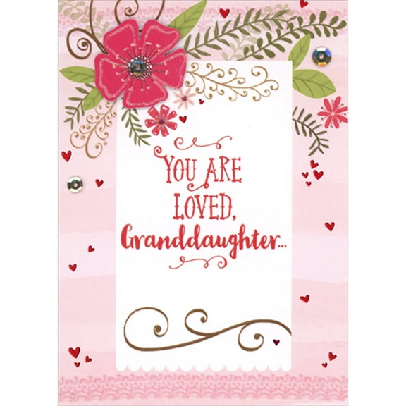 Designer Greetings Red 3D Tip On Flower and Silver Sequins: You are Loved Hand Decorated Valentine's Day Card for Granddaughter