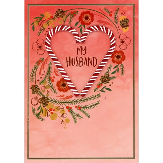 Designer Greetings Red Foil 3D Die Cut Candy Cane Heart on Pink Hand Decorated Christmas Card for Husband