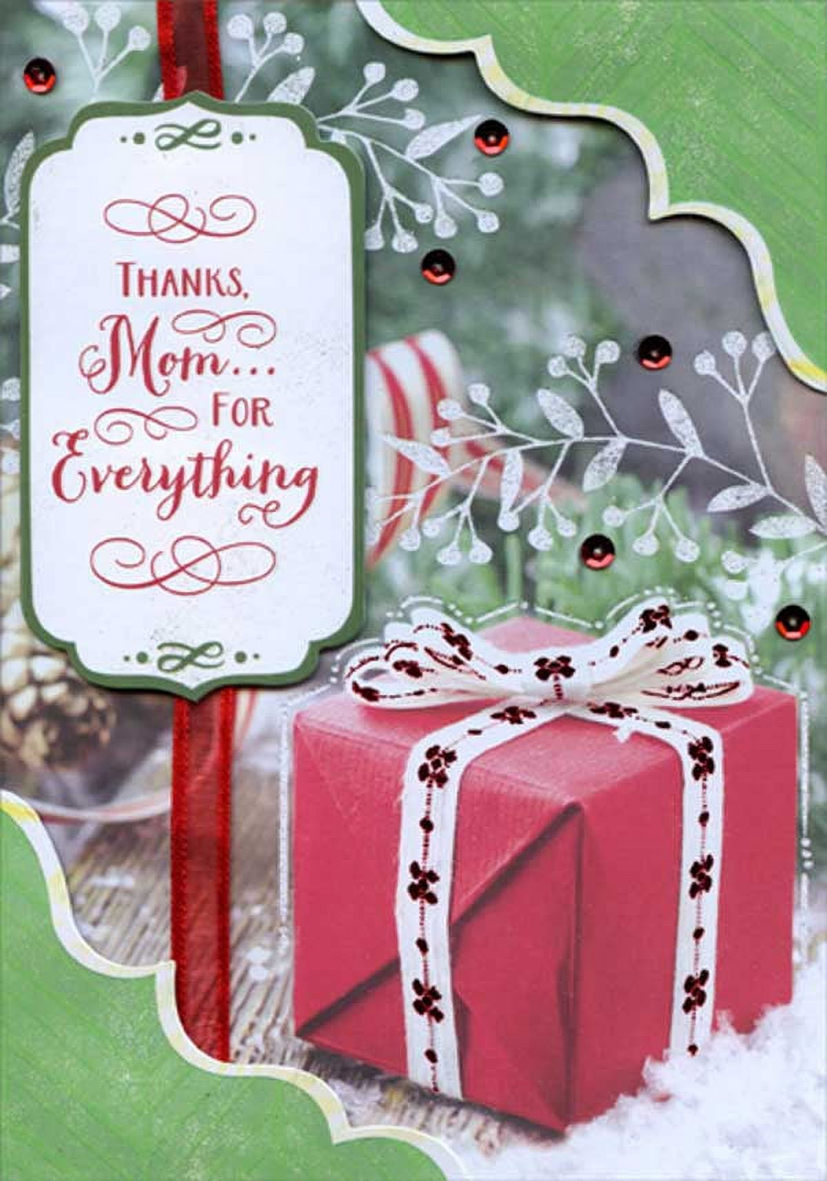 Designer Greetings Red Gift with Foil Accents, Red Sequins, Red Ribbon, 3D Banner and 3D Corner Frames Handcrafted Premier Boutique Keepsake Mom Christmas Card