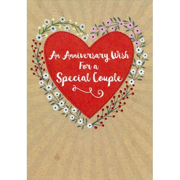 Designer Greetings Red Heart Surrounded by Vine with Red, Pink and White Flowers Wedding Anniversary Congratulations Card for Special Couple