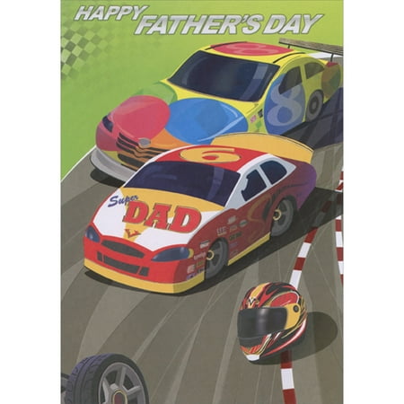 Designer Greetings Red, White and Yellow “Super Dad” Race Car and Helmet on Race Track Father's Day Card