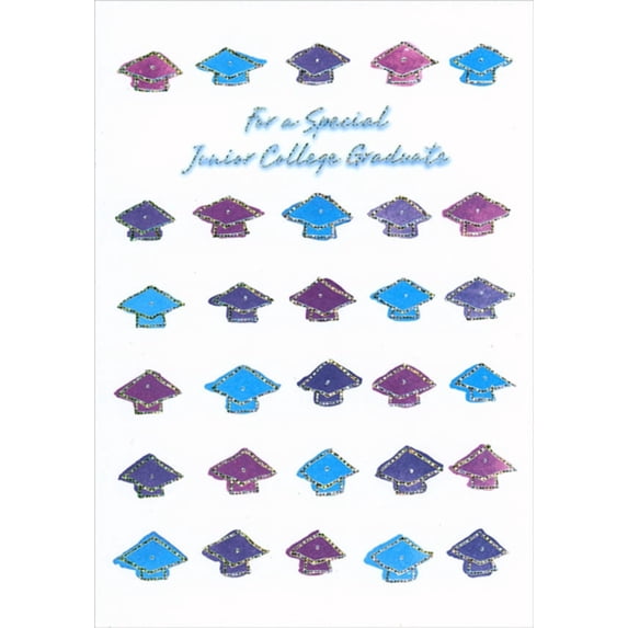 Designer Greetings Repeated Purple and Blue Grad Caps with Silver Foil Borders Junior College Graduation Congratulations Card