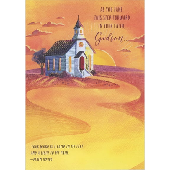 Designer Greetings Rising Sun Behind White Church and Winding Path Confirmation Card for Godson