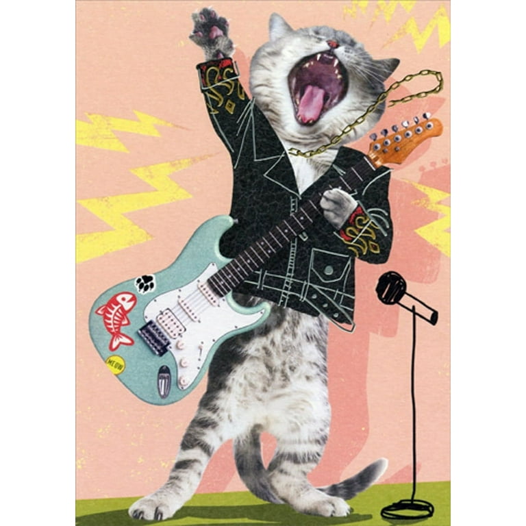 Designer Greetings Rock Star Cat with Blue Guitar Funny