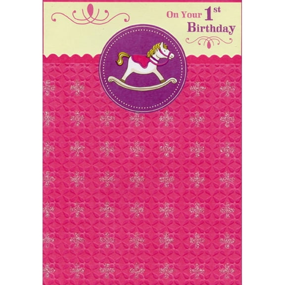Designer Greetings Rocking Horse Die Cut Scalloped Edges Age 1 / 1st Birthday Card for Girl
