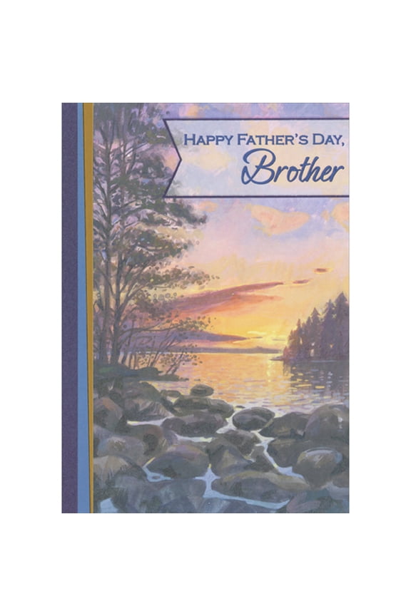 Rocks, Trees and Evergreens Along Lake Shore Under Pink and Orange Sky Father's Day Card for Brother