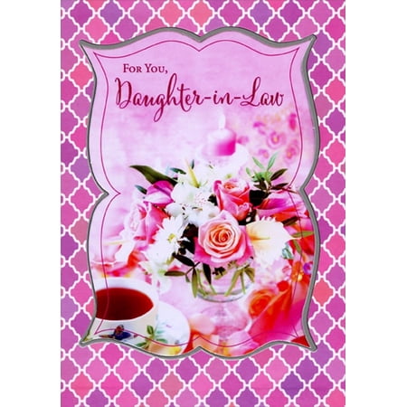 Designer Greetings Roses, Daisies, Candle and Coffee Cup on Pink Birthday Card for Daughter-in-Law