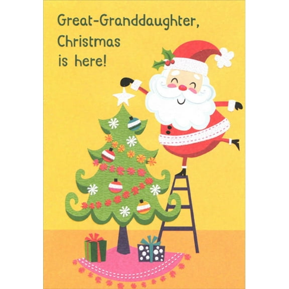 Designer Greetings Santa Standing on Ladder Placing Star on Tree Juvenile Great-Granddaughter Christmas Card for Young Child