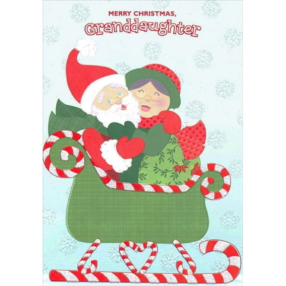 Designer Greetings Santa and Mrs. Claus Hugging in Green Sleigh Juvenile Christmas Card for Young Granddaughter