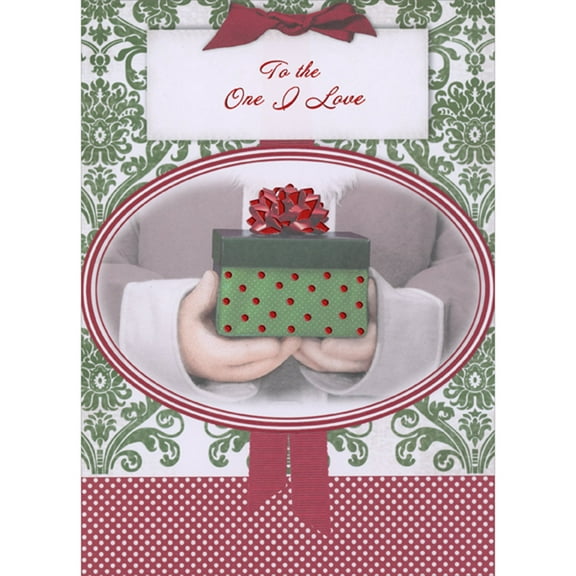 Designer Greetings Santa in White Suit Holding Green Box with Red Polka Dots and Red Bow Christmas Card for the One I Love