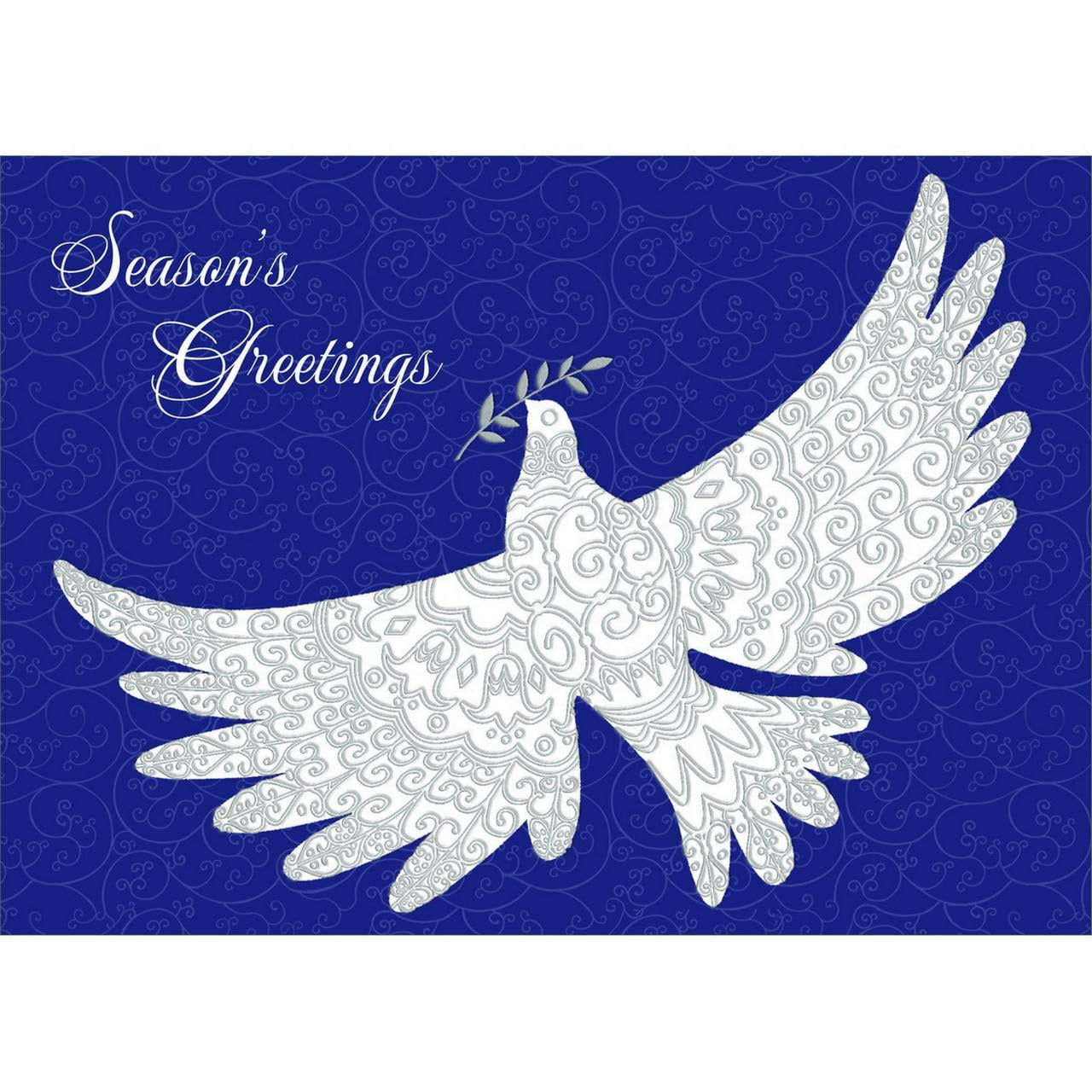 Designer Greetings Season's Greetings: Embossed Dove with Swirling Silver Foil Lines Box of 15 Peace Christmas Cards