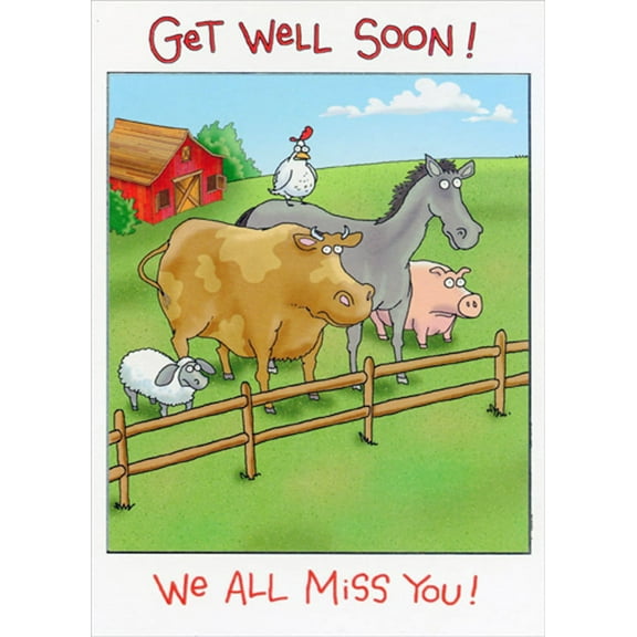 Designer Greetings Sheep, Cow, Horse, Chicken and Pig Funny / Humorous Get Well Card from All of Us