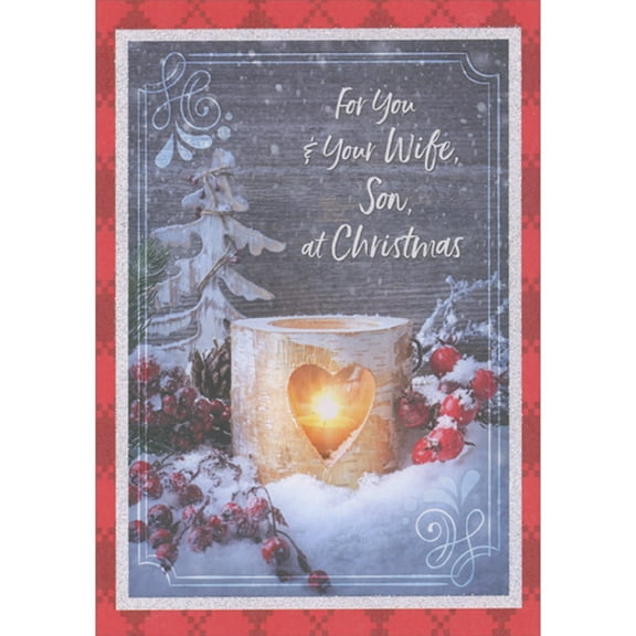 Designer Greetings Shining Candle Inside Wooden Holder with Heart Shaped Window Christmas Card for Son and Wife