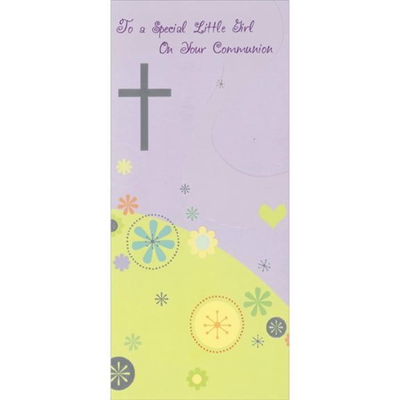 Designer Greetings Silver Foil Cross Above Flowers with Dotted Borders Money Holder / Gift Card Holder First Communion Card for Girl