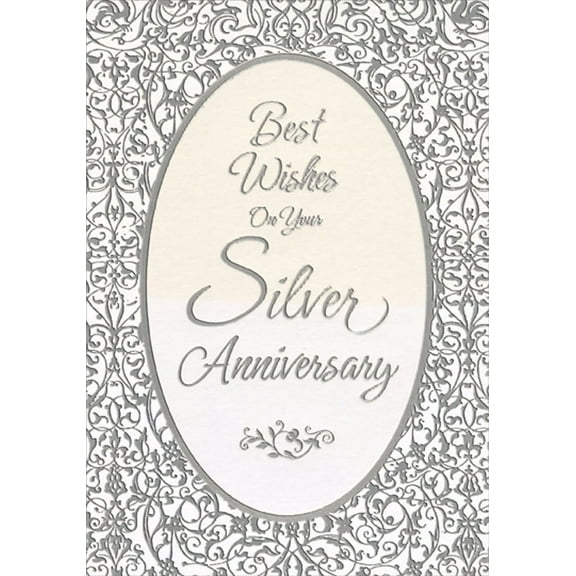 Designer Greetings Silver Foil Script Inside Oval Frame and Foil Vines 25th: Silver Wedding Anniversary Congratulations Card for Couple