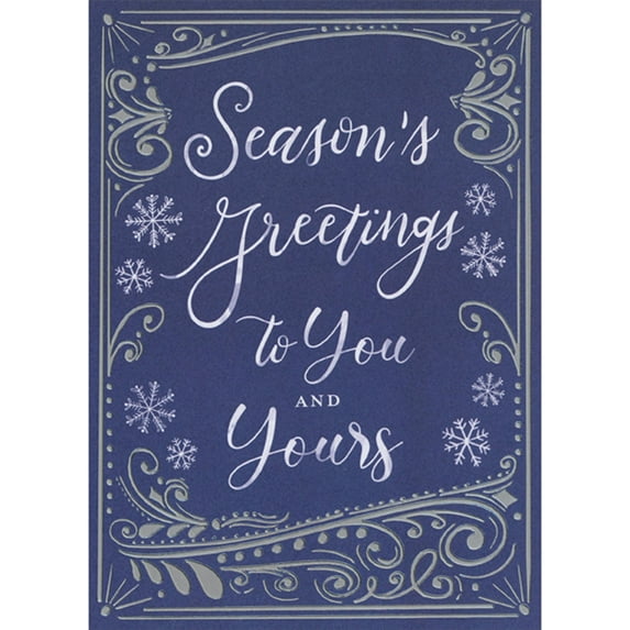 Designer Greetings Silver Foil Swirls and Border and White Snowflakes on Dark Blue Background Formal Season's Greetings / Holiday Card