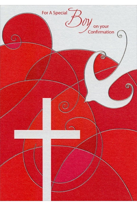 Silver Foil Swirls on Red with White Dove and Cross Confirmation Card for Boy