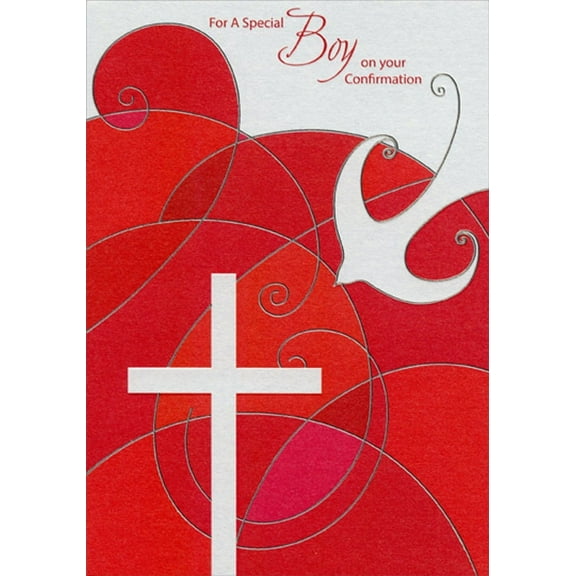 Designer Greetings Silver Foil Swirls on Red with White Dove and Cross Confirmation Card for Boy