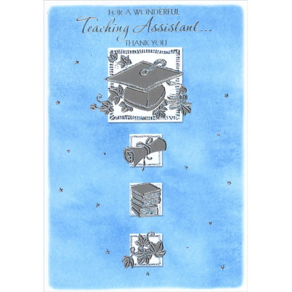 Designer Greetings Silver Holographic Grad Cap, Diploma, Books, Leaves Teaching Assistant Thank You Card