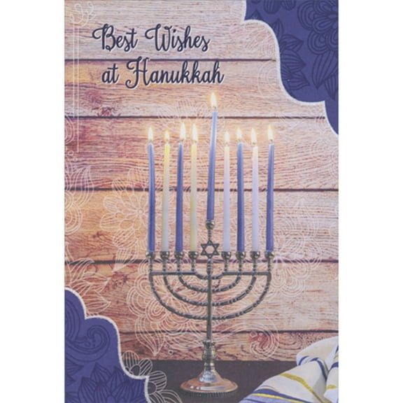 Designer Greetings Silver Menorah with Blue and White Candles in Front of Horizontal Wood Planks Package of 8 Hanukkah Cards