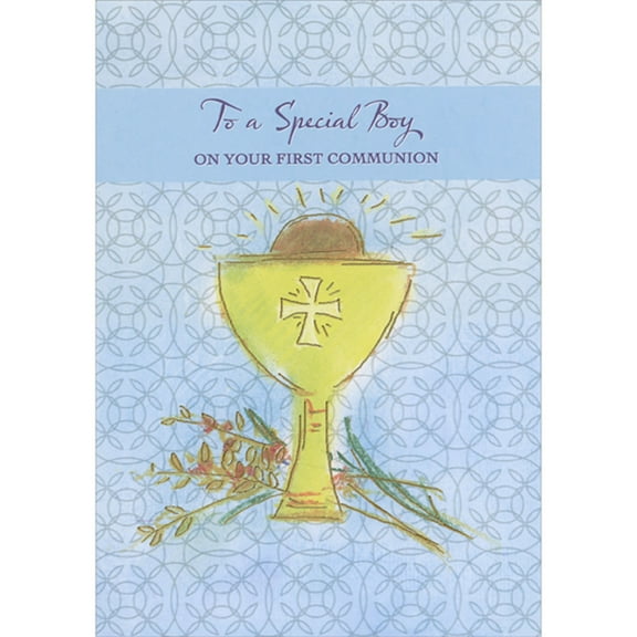 Designer Greetings Simply Drawn Gold Foil Lined Chalice and Wheat Stalks 1st / First Communion Congratulations Card for Boy